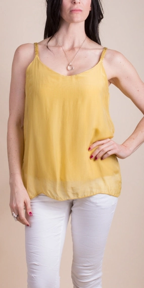 Mustard Silk Tank w/ Metallic Thread Straps WideNeckOpening