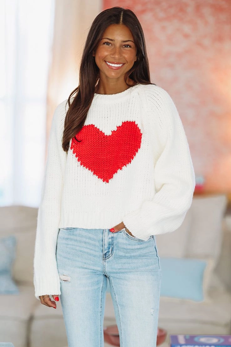 My Heart Crop Sweater - White Double Stitched Hem Curved Hem Design