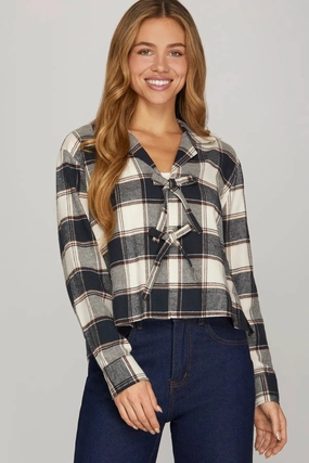 Thermal Regulating Design Recycled Fiber Blend Navy Plaid Bow Tie Flannel Top