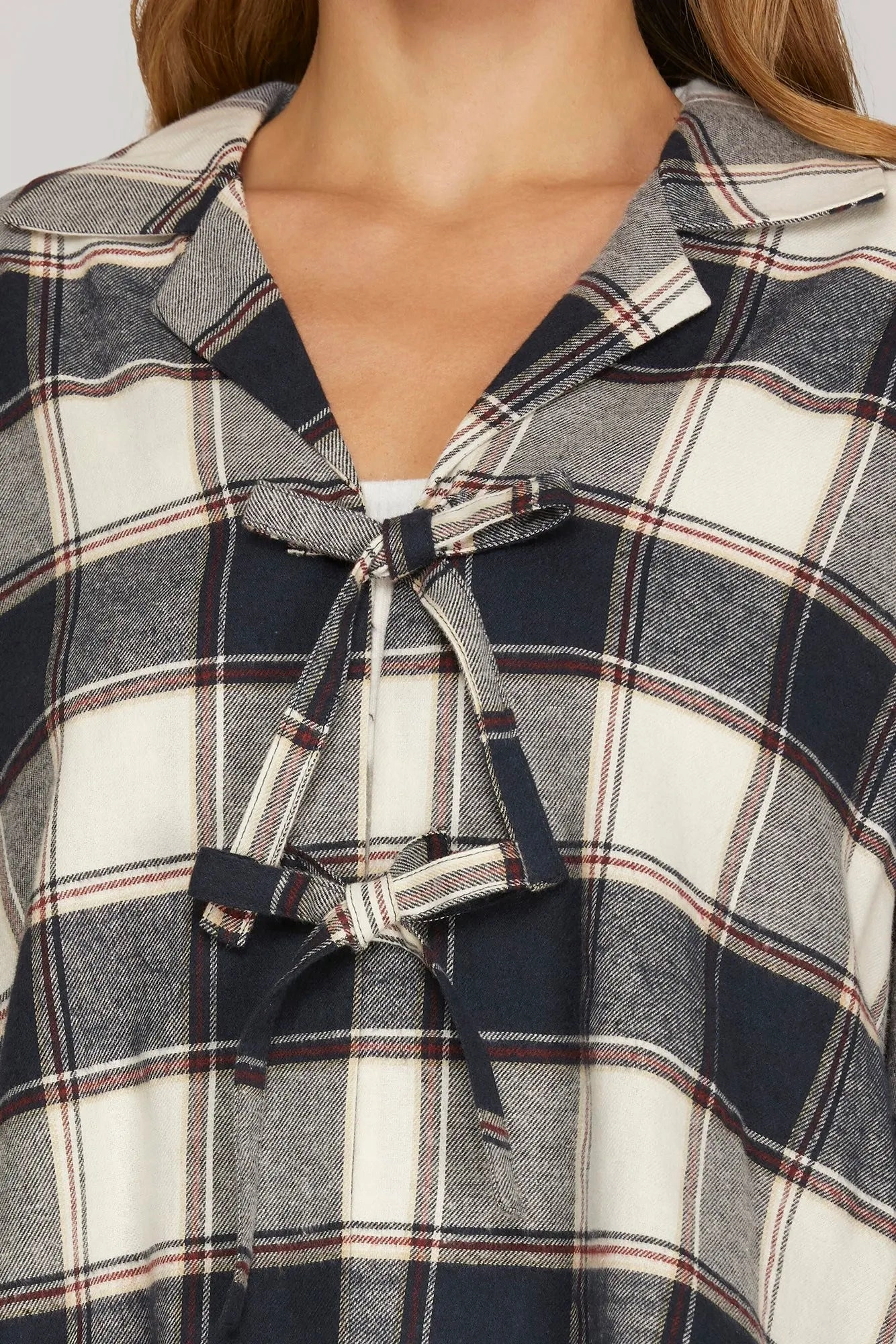 Fitted Blouse Navy Plaid Bow Tie Flannel Top