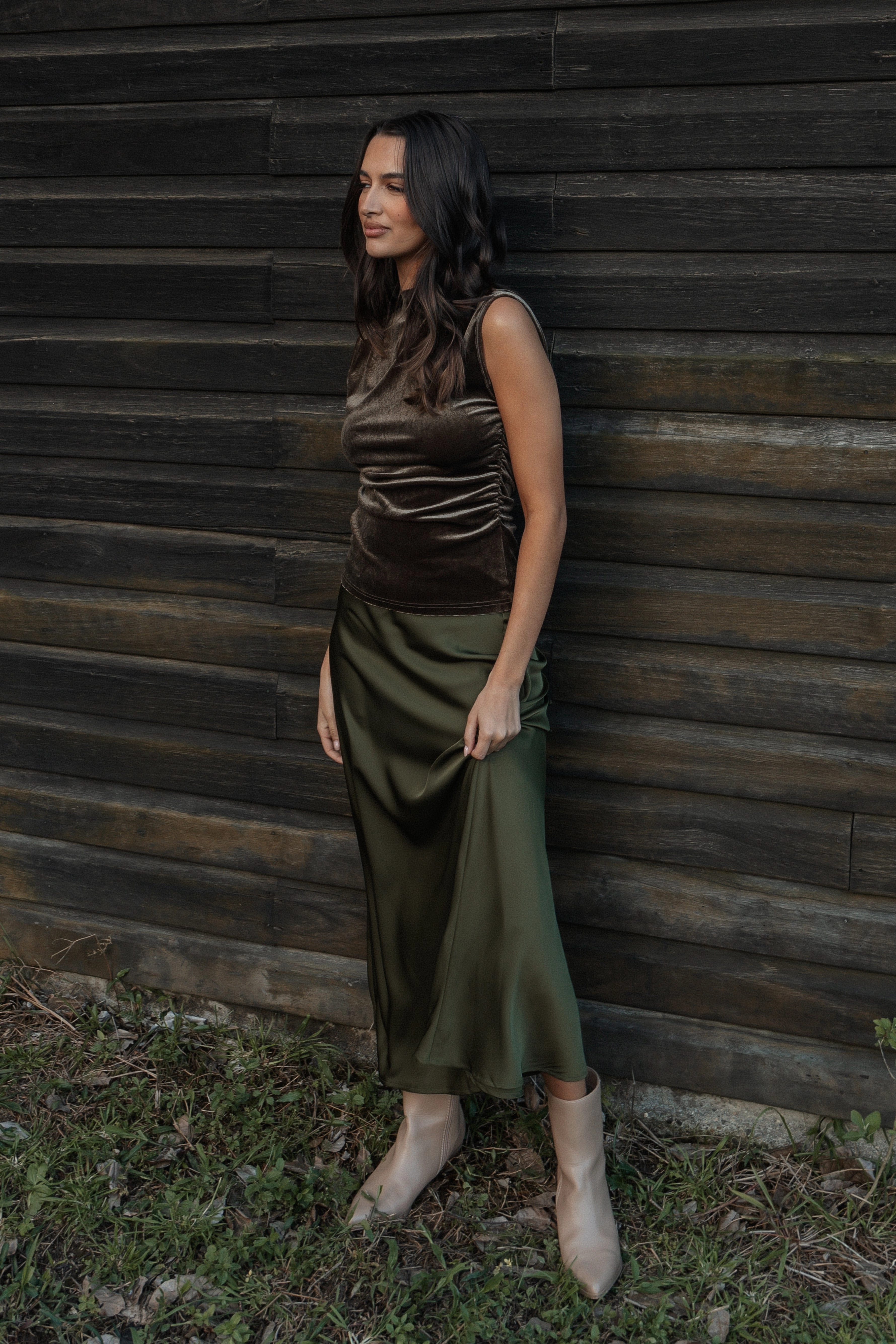 Cruise Attire Nellie Satin Midi Skirt - Olive