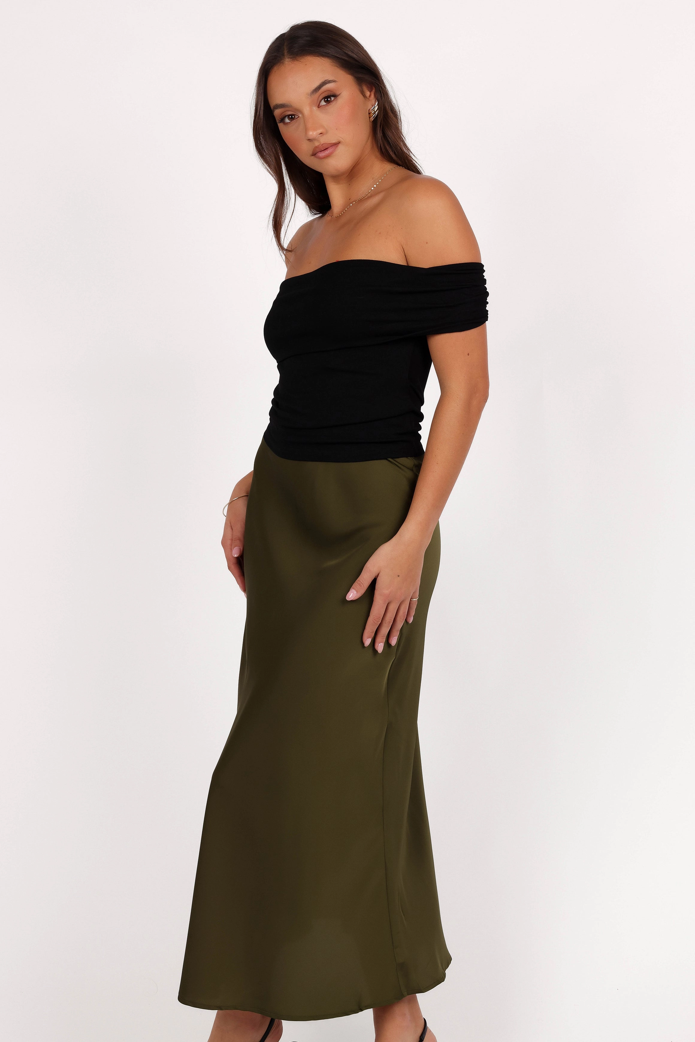 Casual Moments Nellie Satin Midi Skirt - Olive