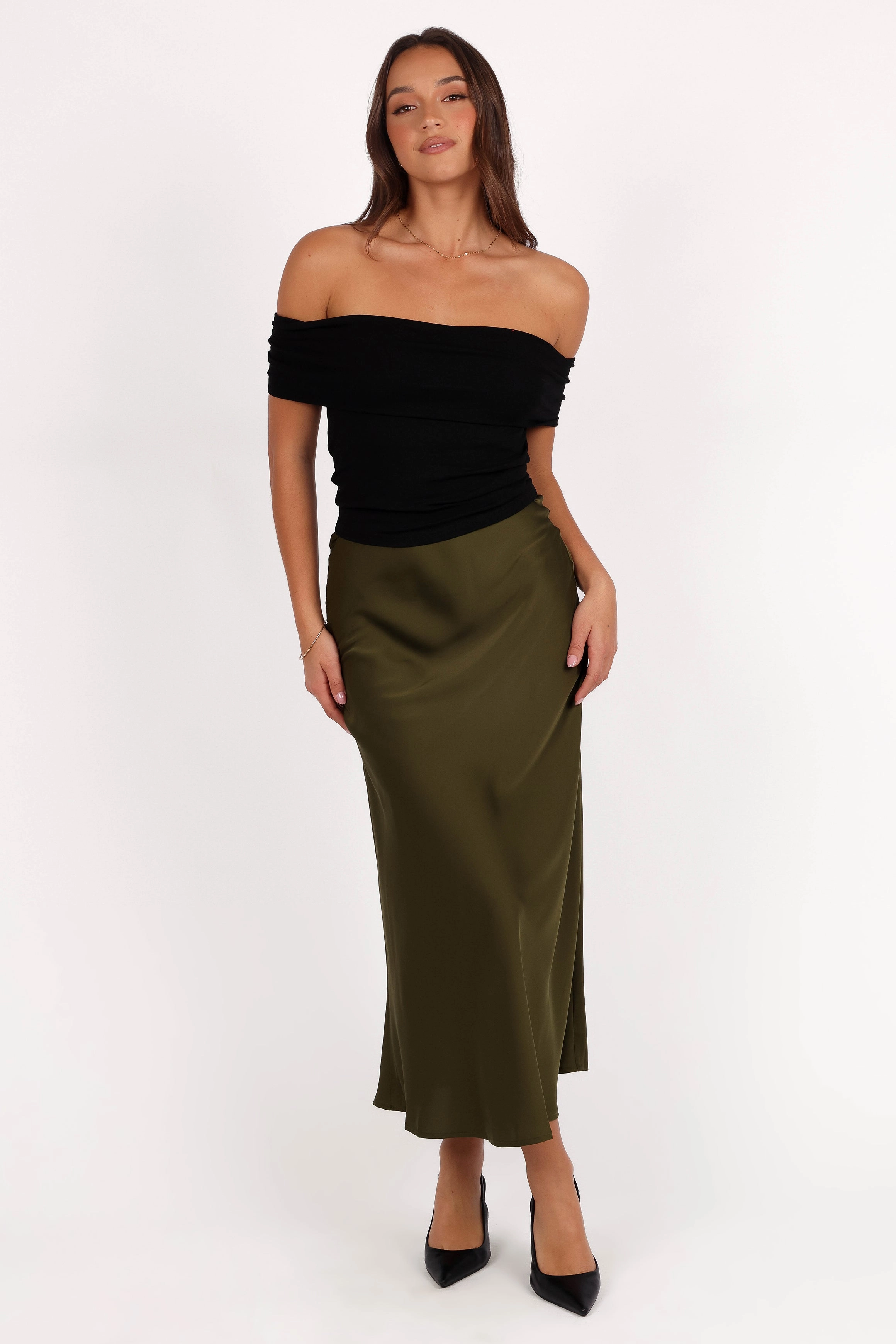Odor Resistant Treatment Nellie Satin Midi Skirt - Olive