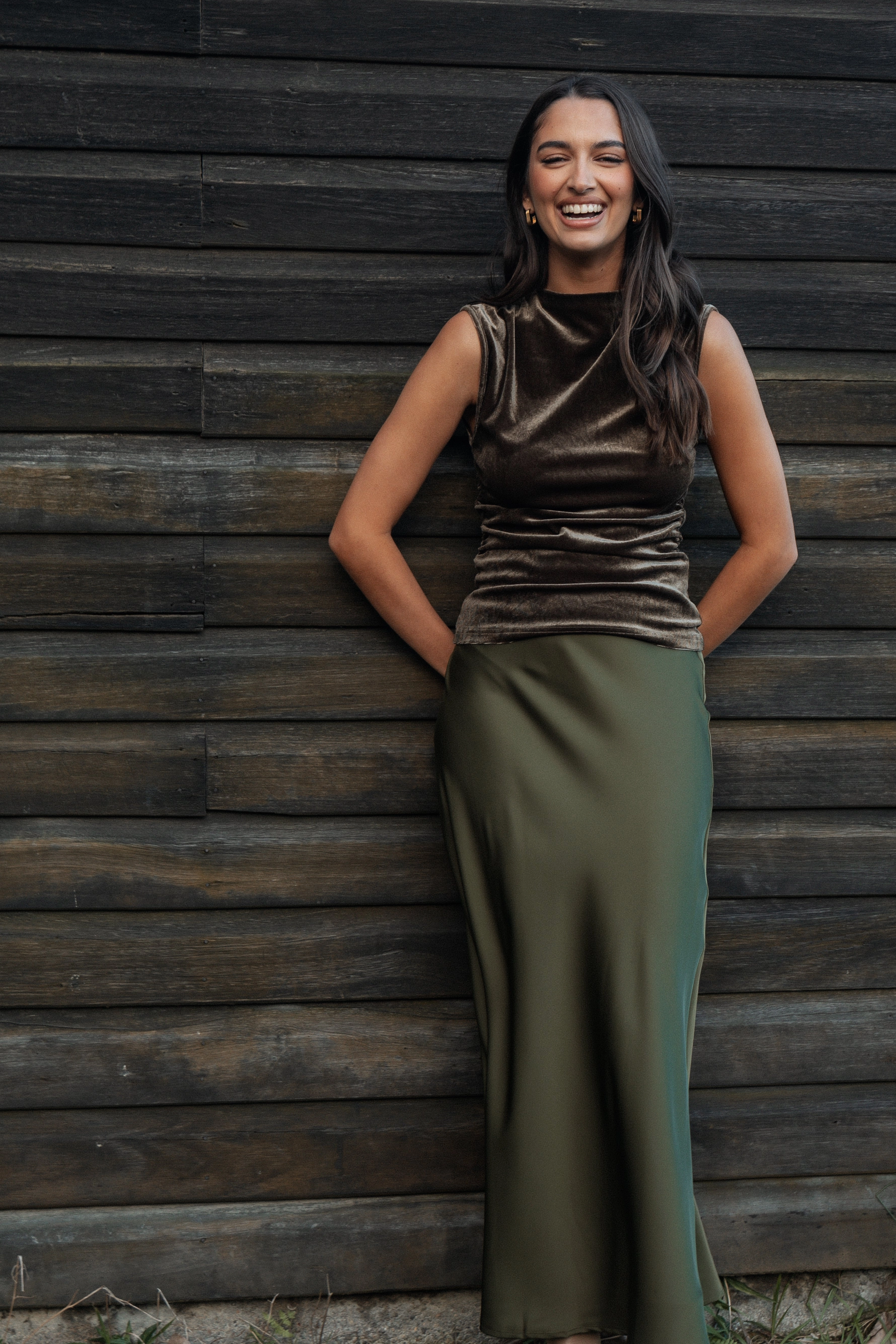 Nellie Satin Midi Skirt - Olive Light Wear