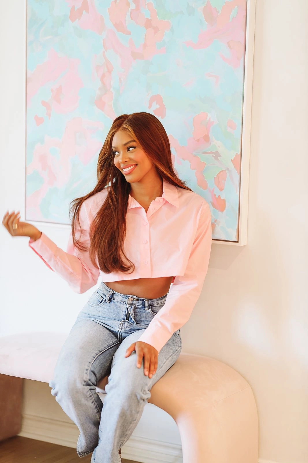 Lightweight Weave Material Crop Button Down Classic Shirt - Light Pink (FINAL SALE)