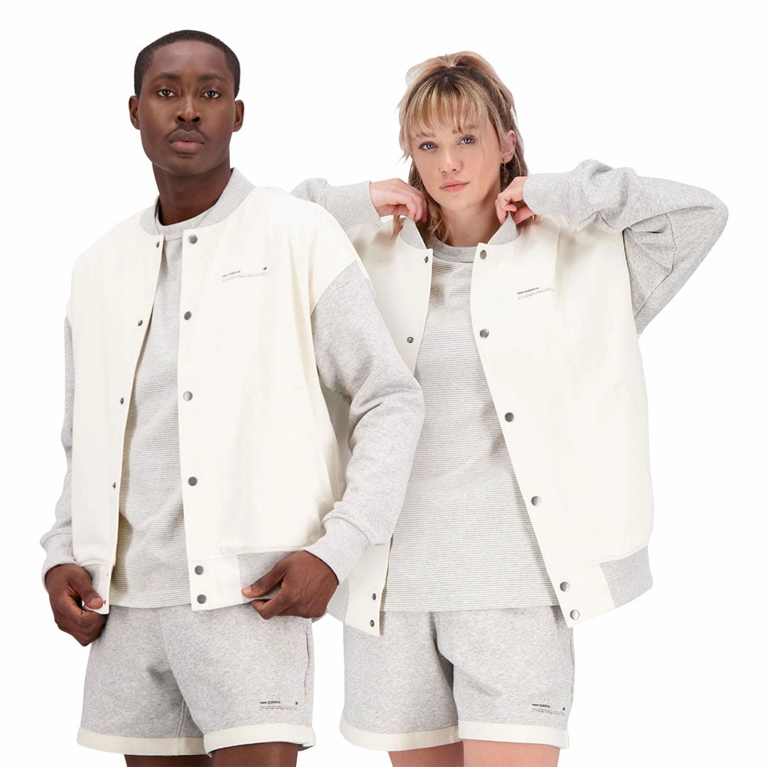 New Balance - Unisex Uni-Ssentials Undyed Varsity Jacket (UJ31551 GIE) TapedZippers Adjustable Cuff Design