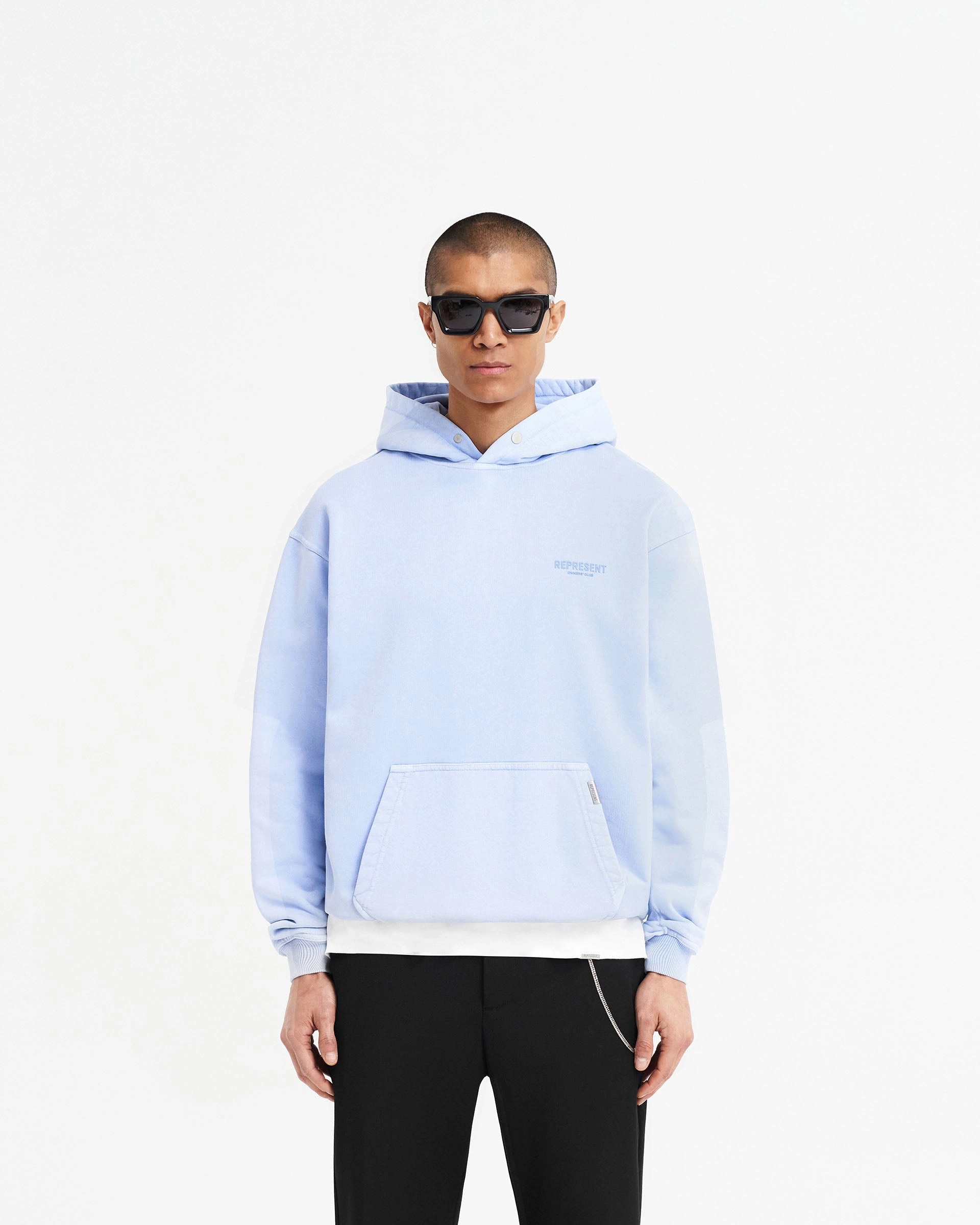 Represent Owners Club Hoodie - Vista Blue presentation outfit