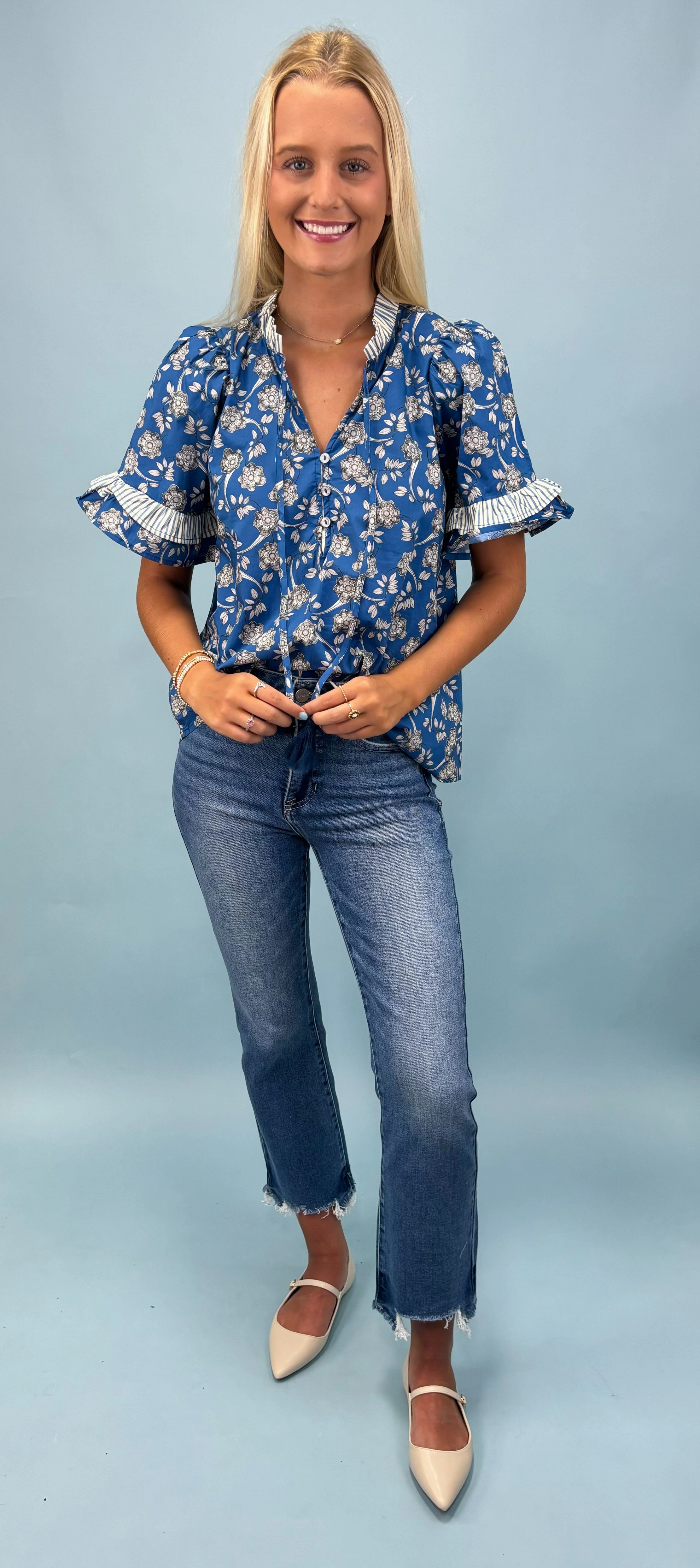 Four Way Stretch Fabric HiddenZipper Happy Haven Blue Floral Top