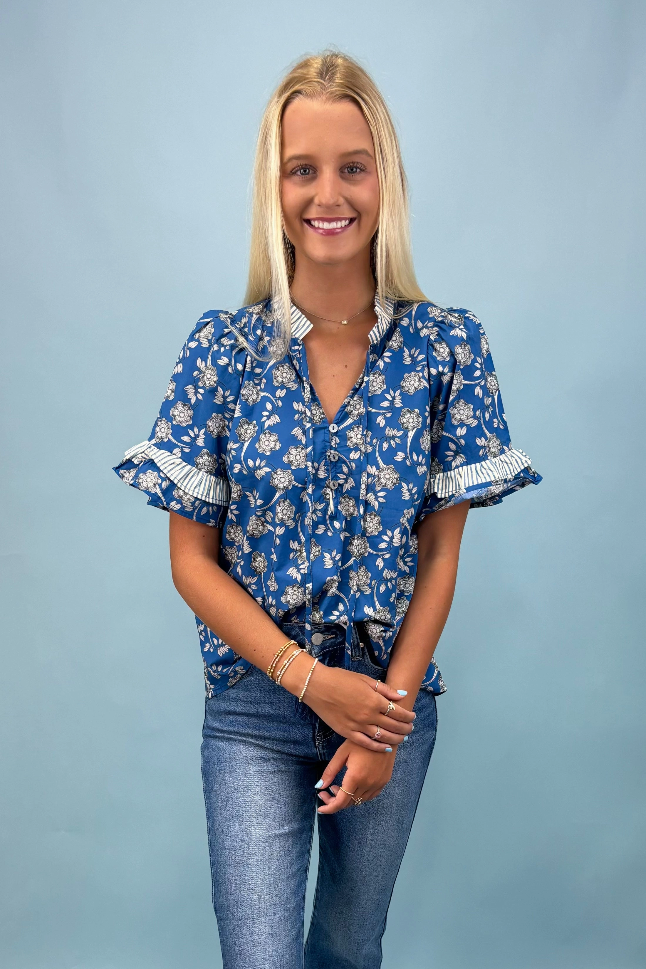 Interlock Stitch Detail Happy Haven Blue Floral Top