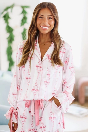 Ribbons and Bows Pajama Top - Pink Stretchy Top