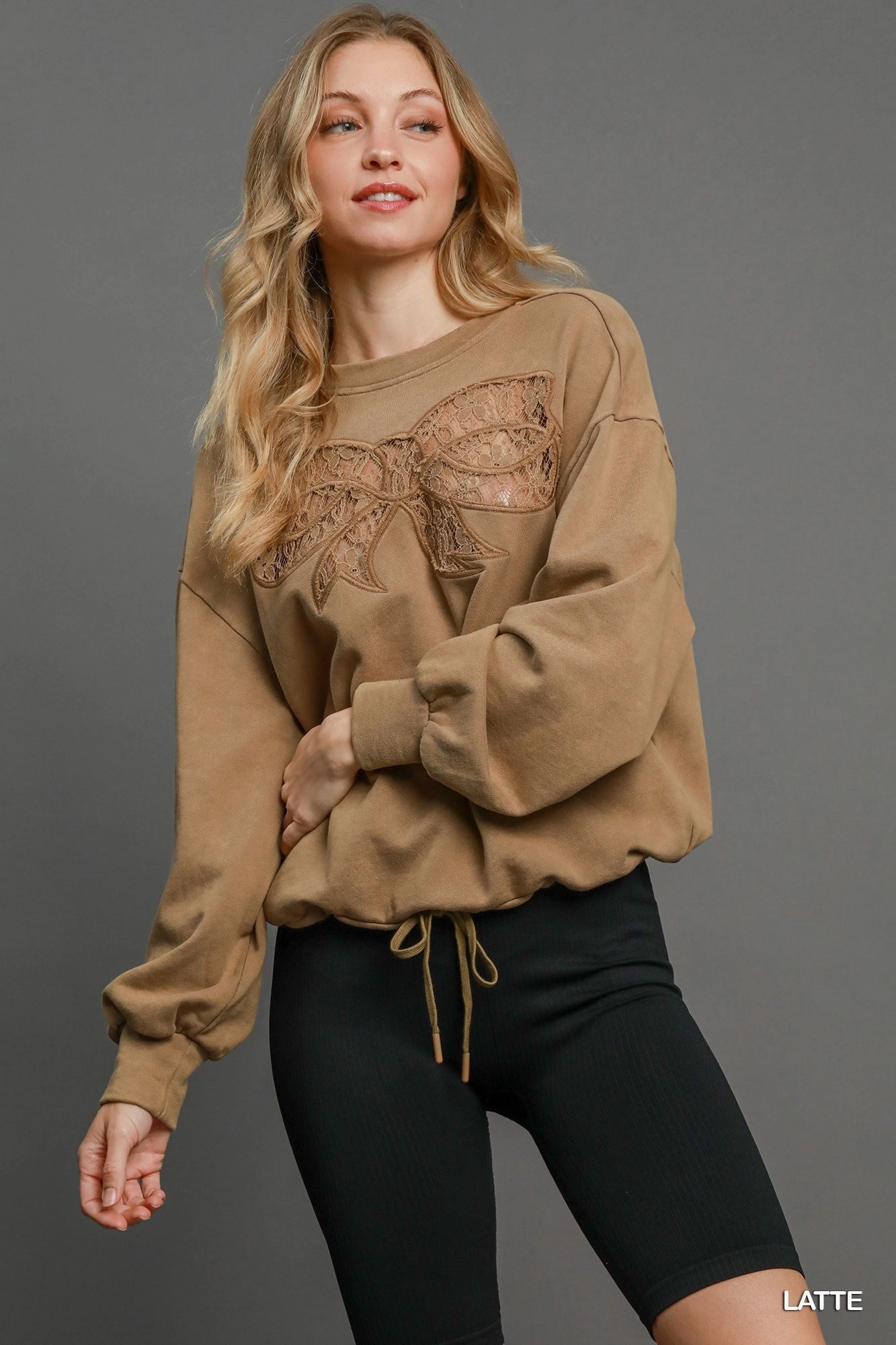 Latte Washed French Terry Sweatshirt w/ Lace Ribbon Compression Fit Engineering HighDensityFoam