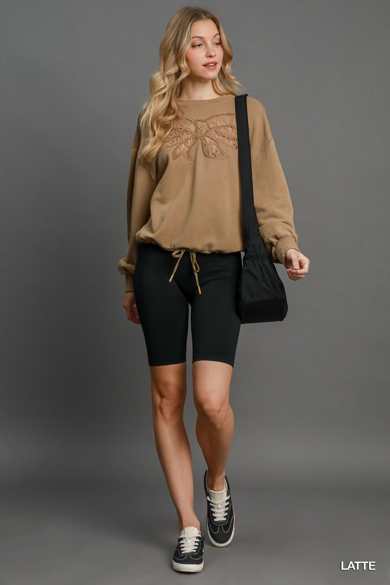 RibbedHemline SelfFabric Binding Latte Washed French Terry Sweatshirt w/ Lace Ribbon