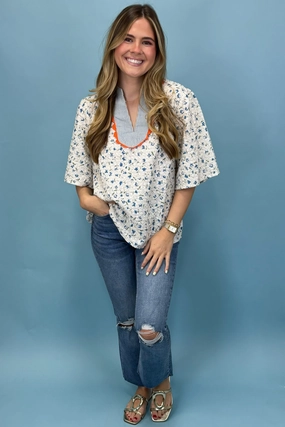 Floral Paradise Blue Floral Embroidered Top Quick Dry Technology StretchTechnology