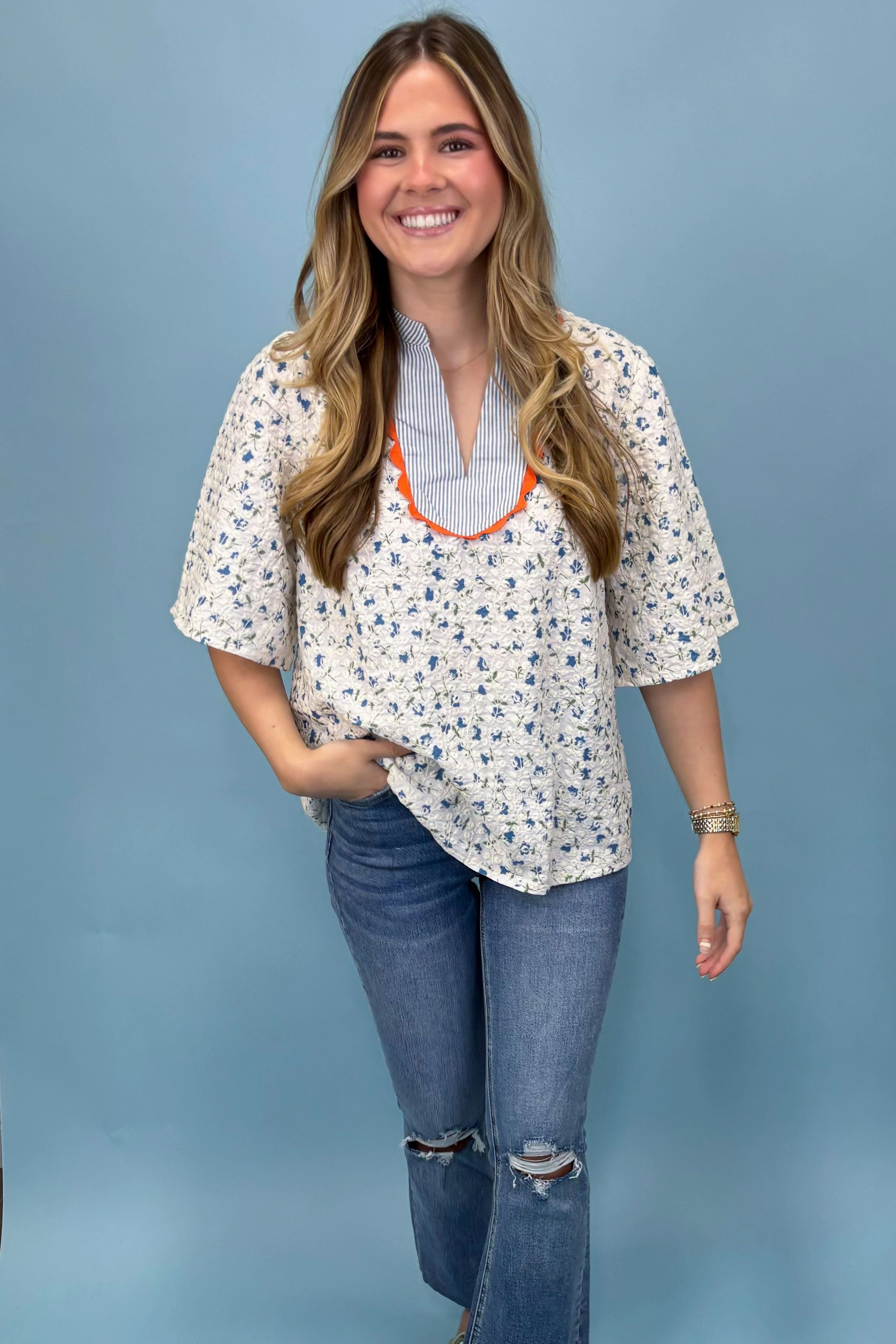 WindproofBarrierTechnology Floral Paradise Blue Floral Embroidered Top