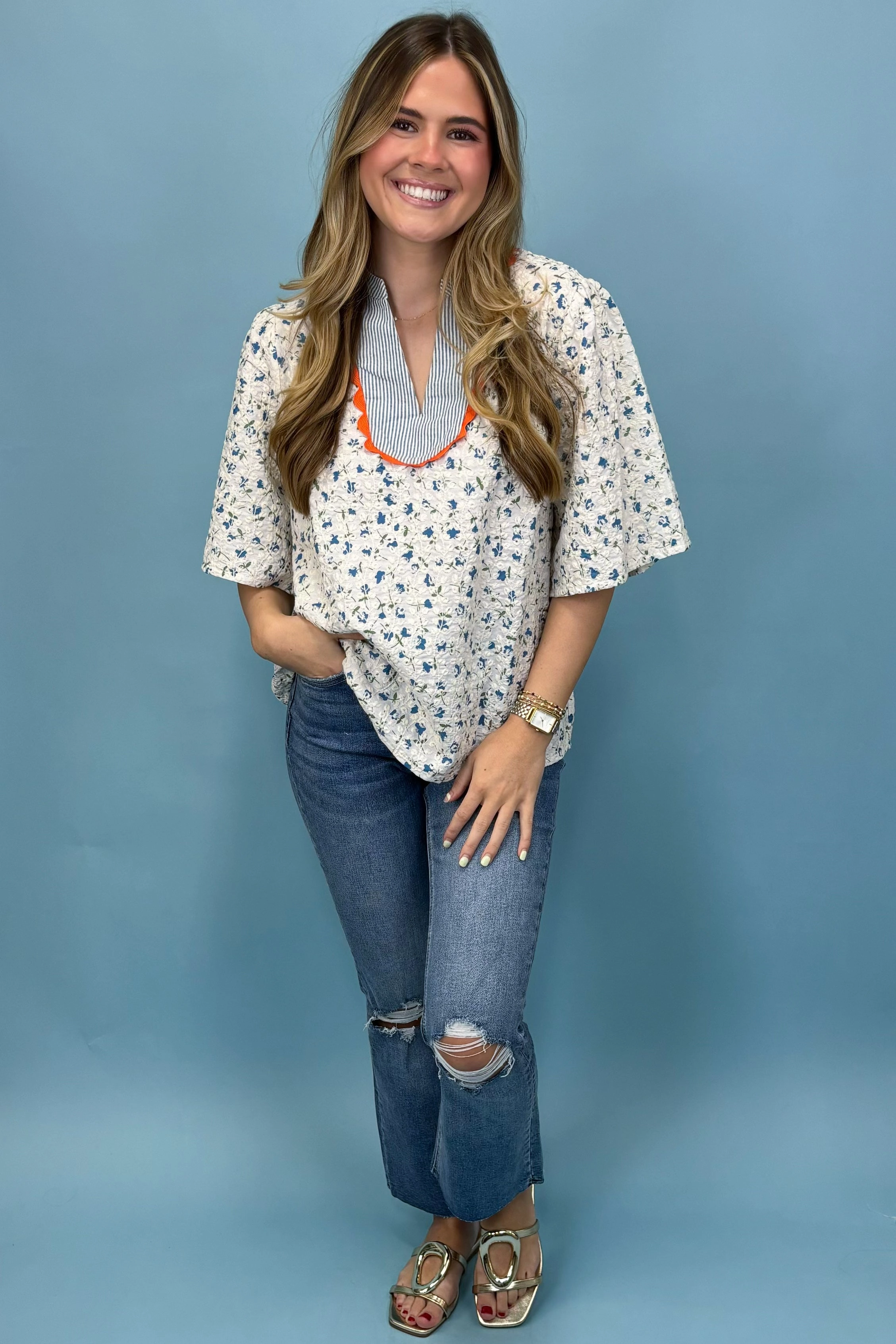 Floral Paradise Blue Floral Embroidered Top Quick Dry Technology StretchTechnology