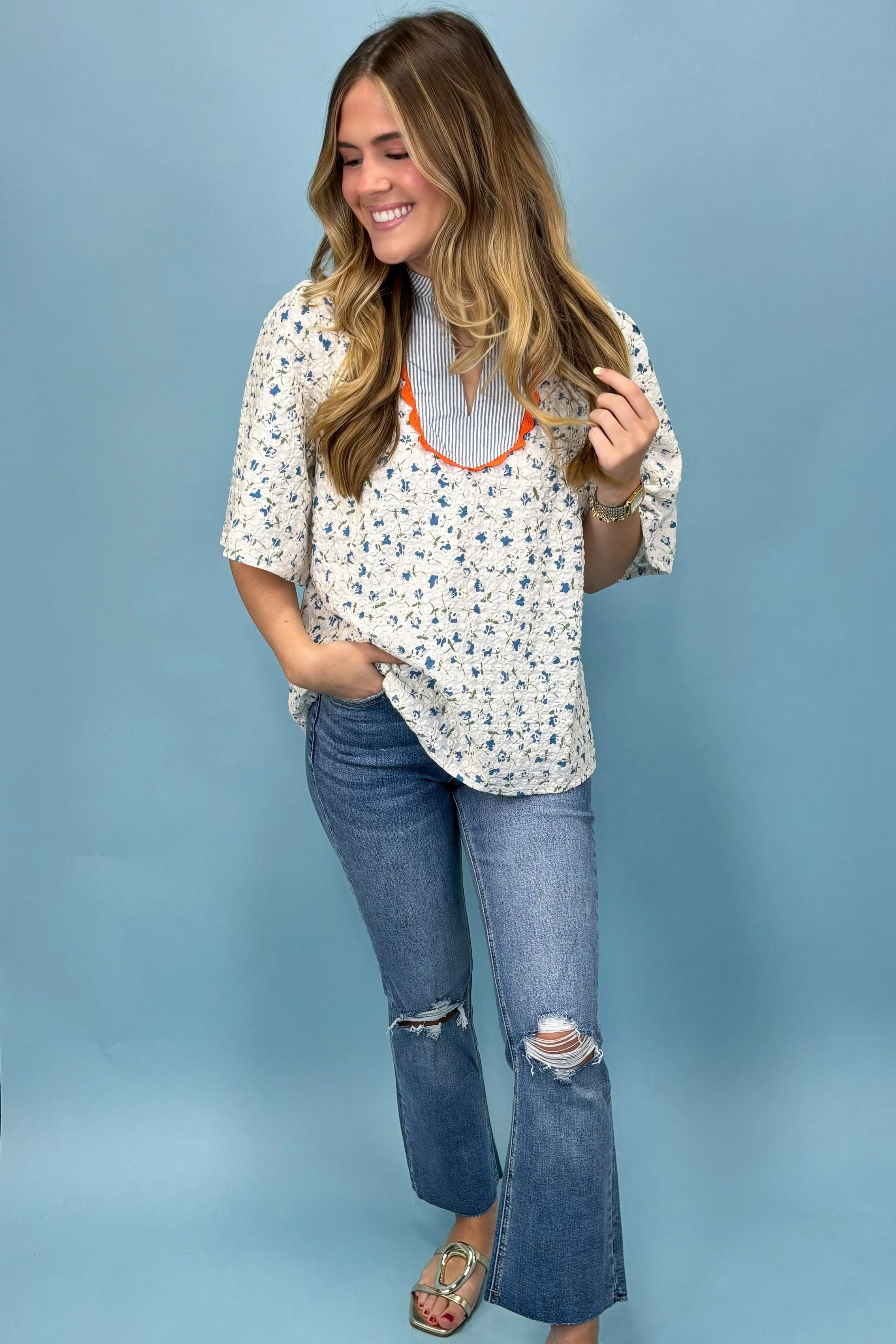 Floral Paradise Blue Floral Embroidered Top SheerLayering Long Sleeve Shirt