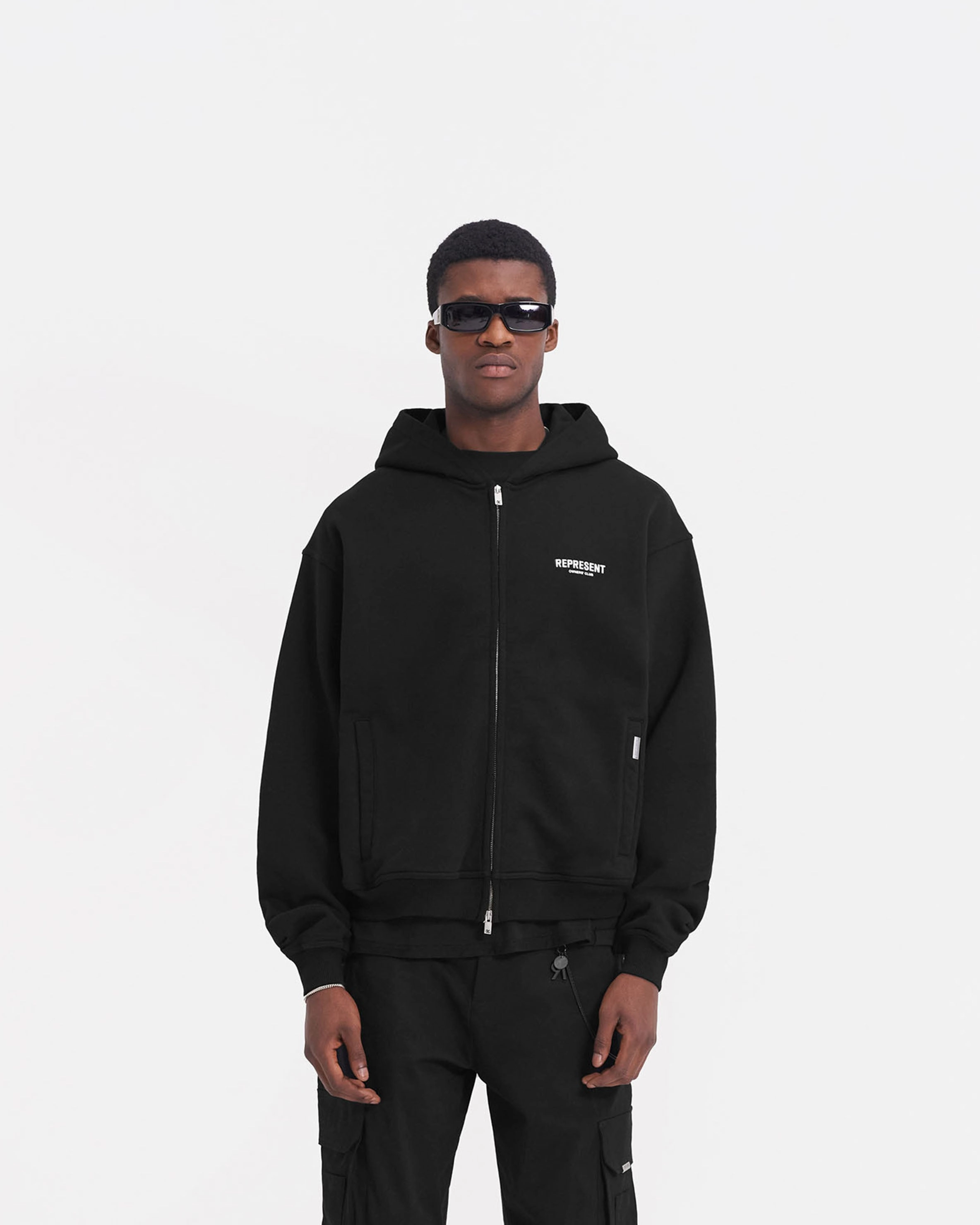 Represent Owners Club Zip Hoodie - Black Layered Hem Design Quick design