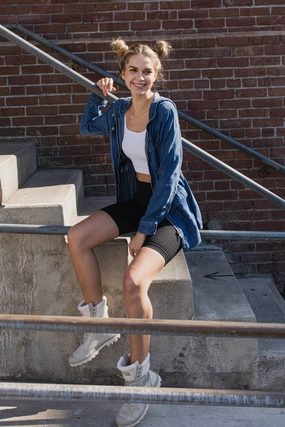 Hooded Chambray Utility  Denim Jacket Collar Stabilization System