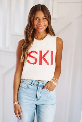 Ski Chunky Cropped Sweater - Cream and Red Athletic Wear NonScratchSurface