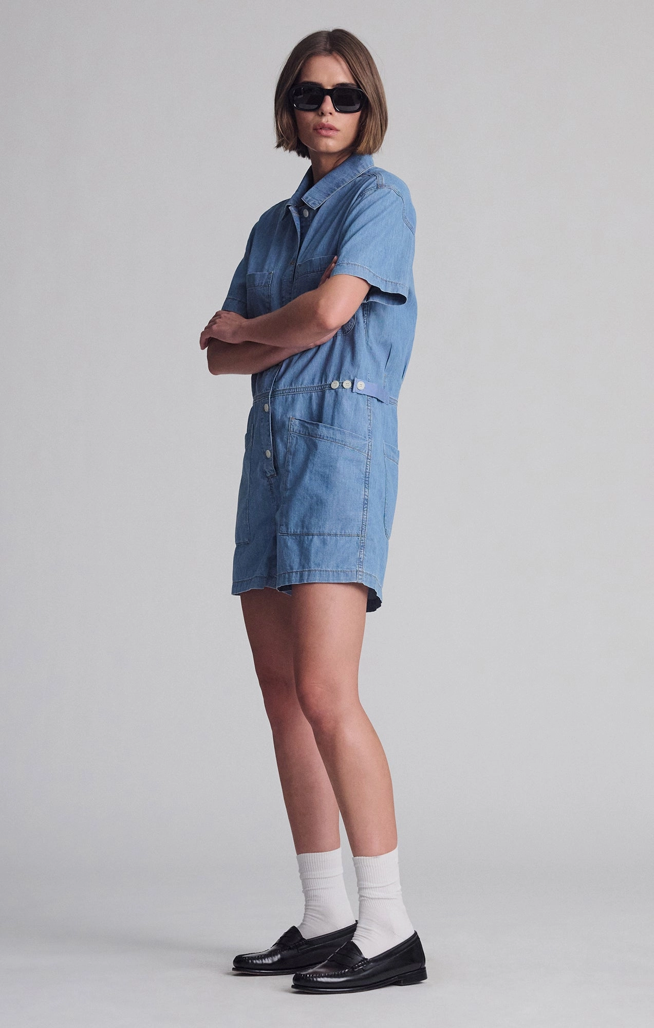 NOREEN DENIM ROMPER IN MID VINTAGE LIGHT DENIM Versatile Outfit Textured Party Look Soft
