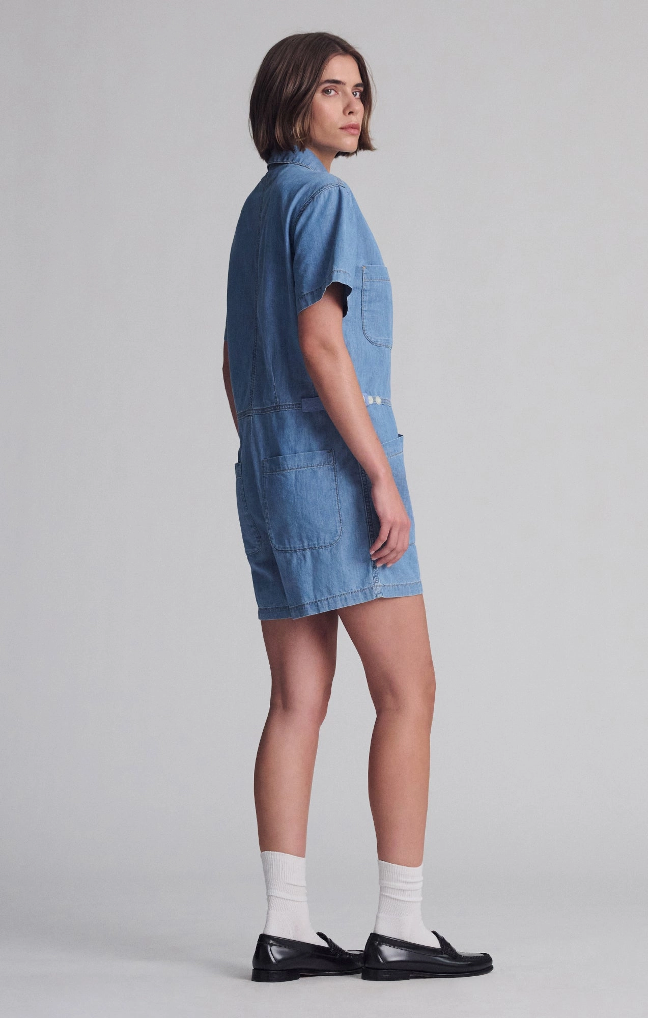 Family Style Minimalist Style Date Night Festival Outfit Comfy NOREEN DENIM ROMPER IN MID VINTAGE LIGHT DENIM