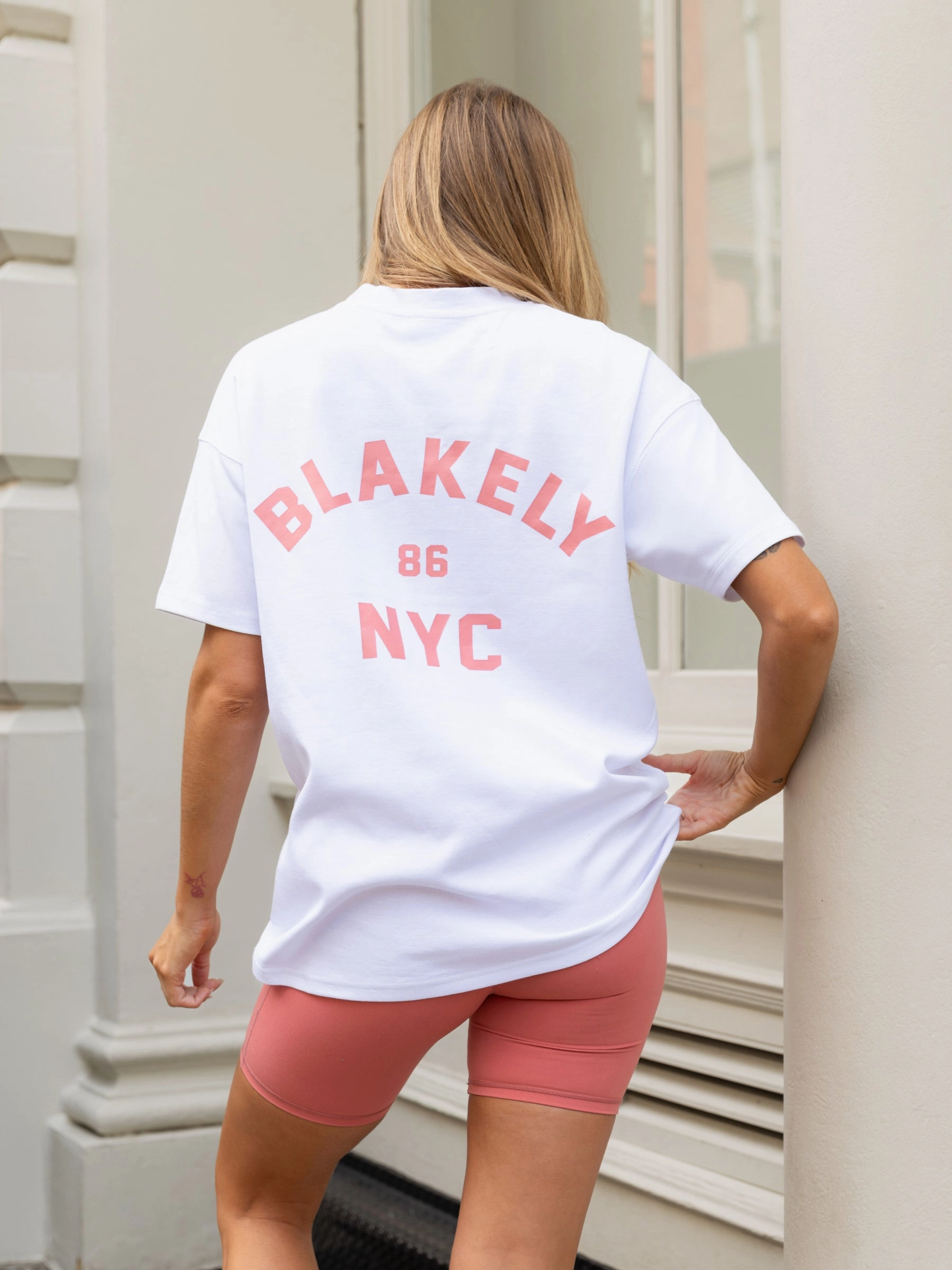 Comfort Wear Fit NYC Oversized T-Shirt - White & Sunrise Coral