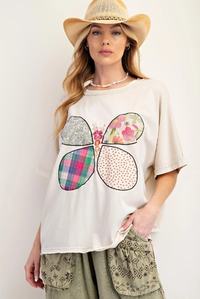 Ecru Butterfly Patch Mineral Washed Knit Top MoistureWickingTechnology CrossBackDesign