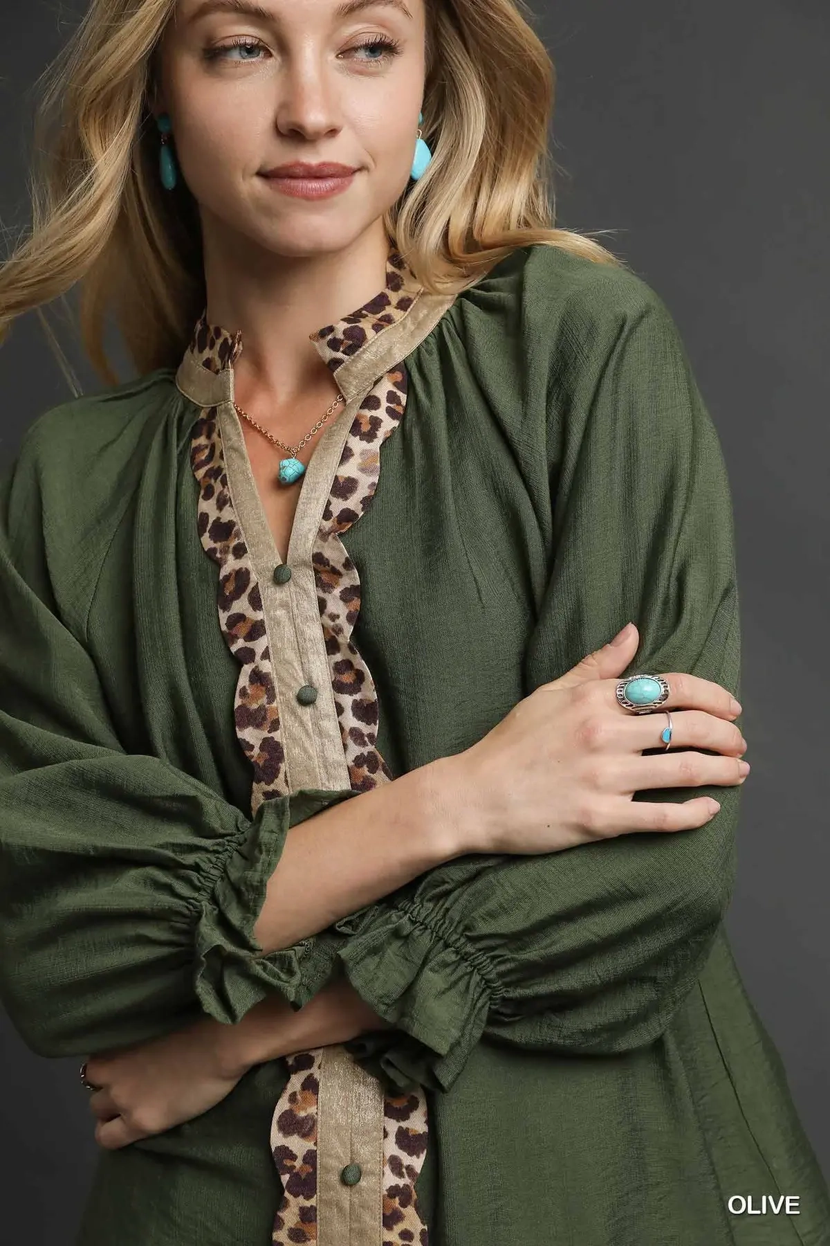 Breathable mesh lining Olive Green Button Front Top w/ Leopard Trim