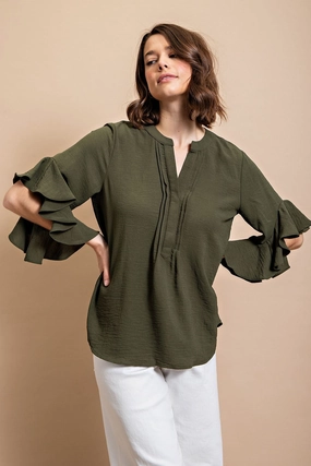 EcoFriendlyTexture Low Profile Zipper Closure Olive Green Ruffled Bell Sleeve Top