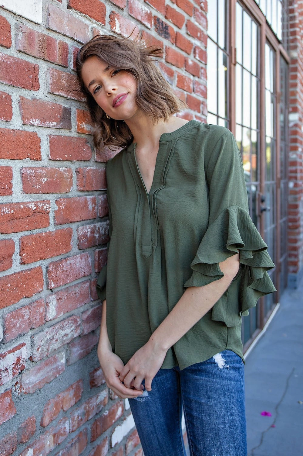 Olive Green Ruffled Bell Sleeve Top Flattering Drape Placket Detailing