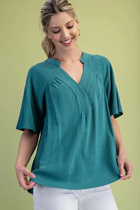 Peacock Washed Linen Blend Top Taped Neckline