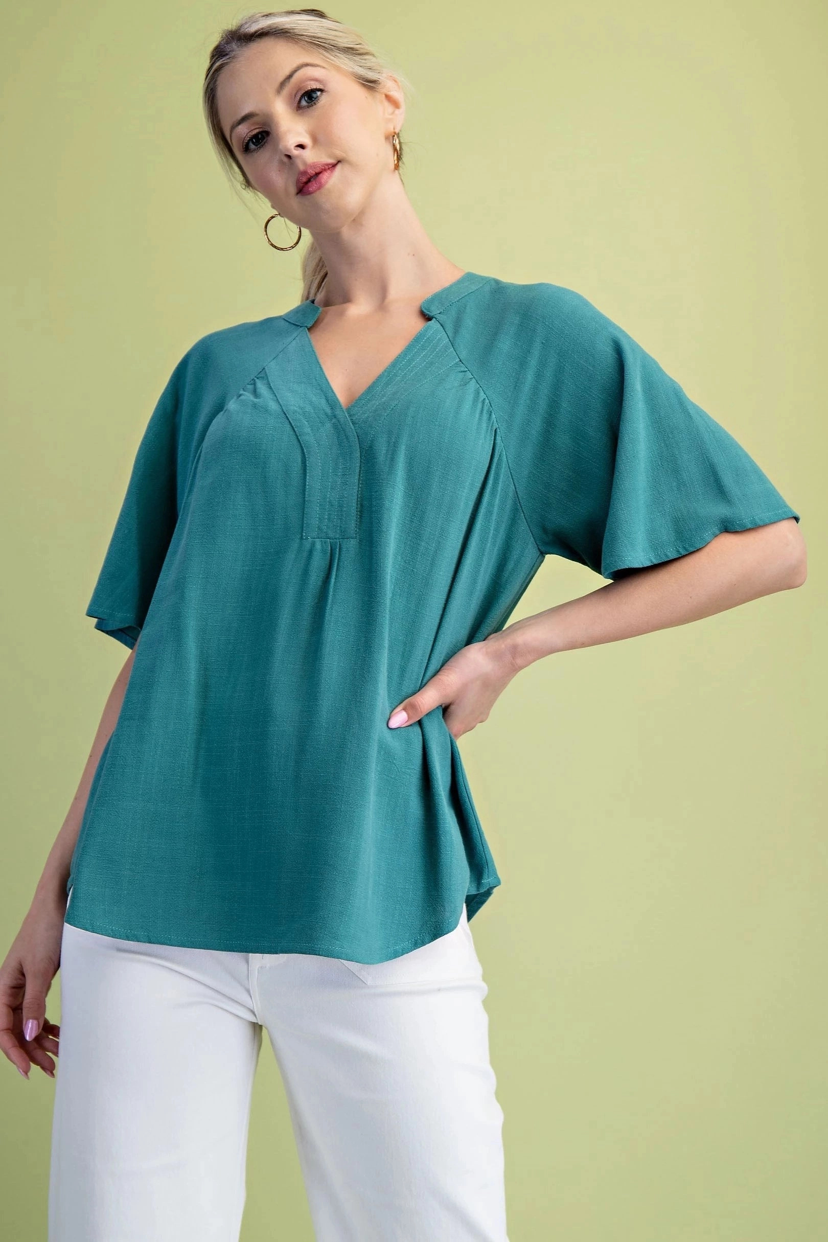 Peacock Washed Linen Blend Top NoiseReduciting Zipper WrinkleFree Finish