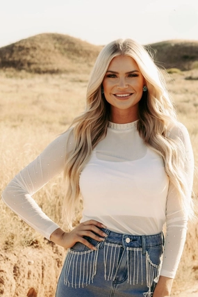 PuckerFree Surface Pearl Long Sleeve Mesh Top w/ Rhinestone Details