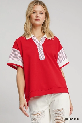 Eco Conscious Packaging Multi Directional Mobility Red Solid & Stripe Contrast French Terry Top
