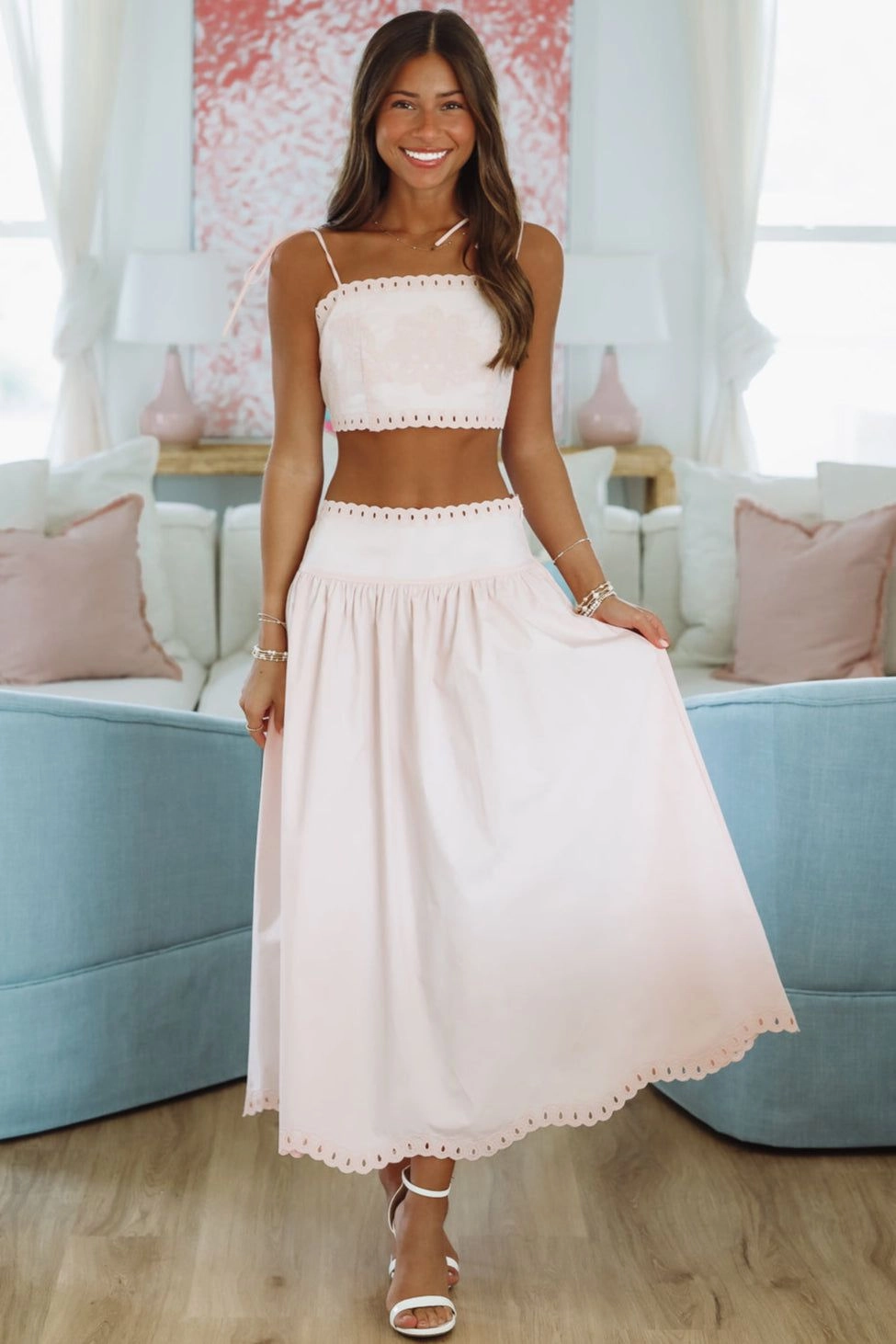 Circular Knit Technique Ultrasoft Inner Lining Petal Perfection Crop Top and Midi Skirt Set - Pink
