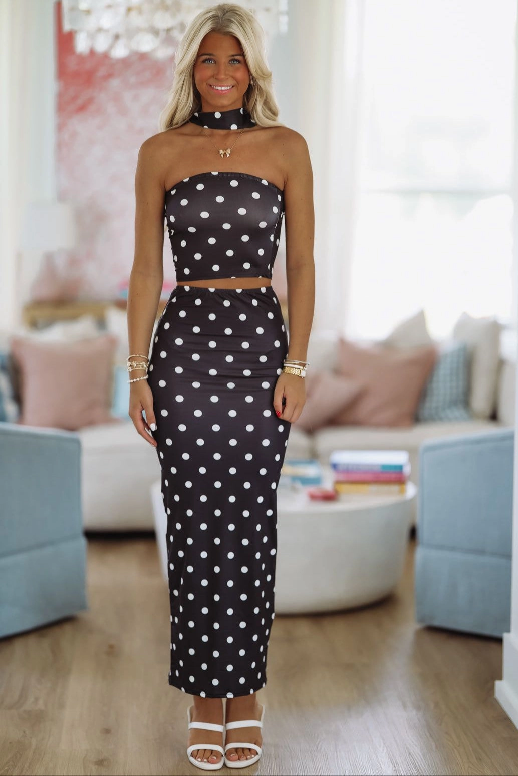 Polka My Dots Top and Maxi Skirt Set - Black TailoredCut ContrastTipping