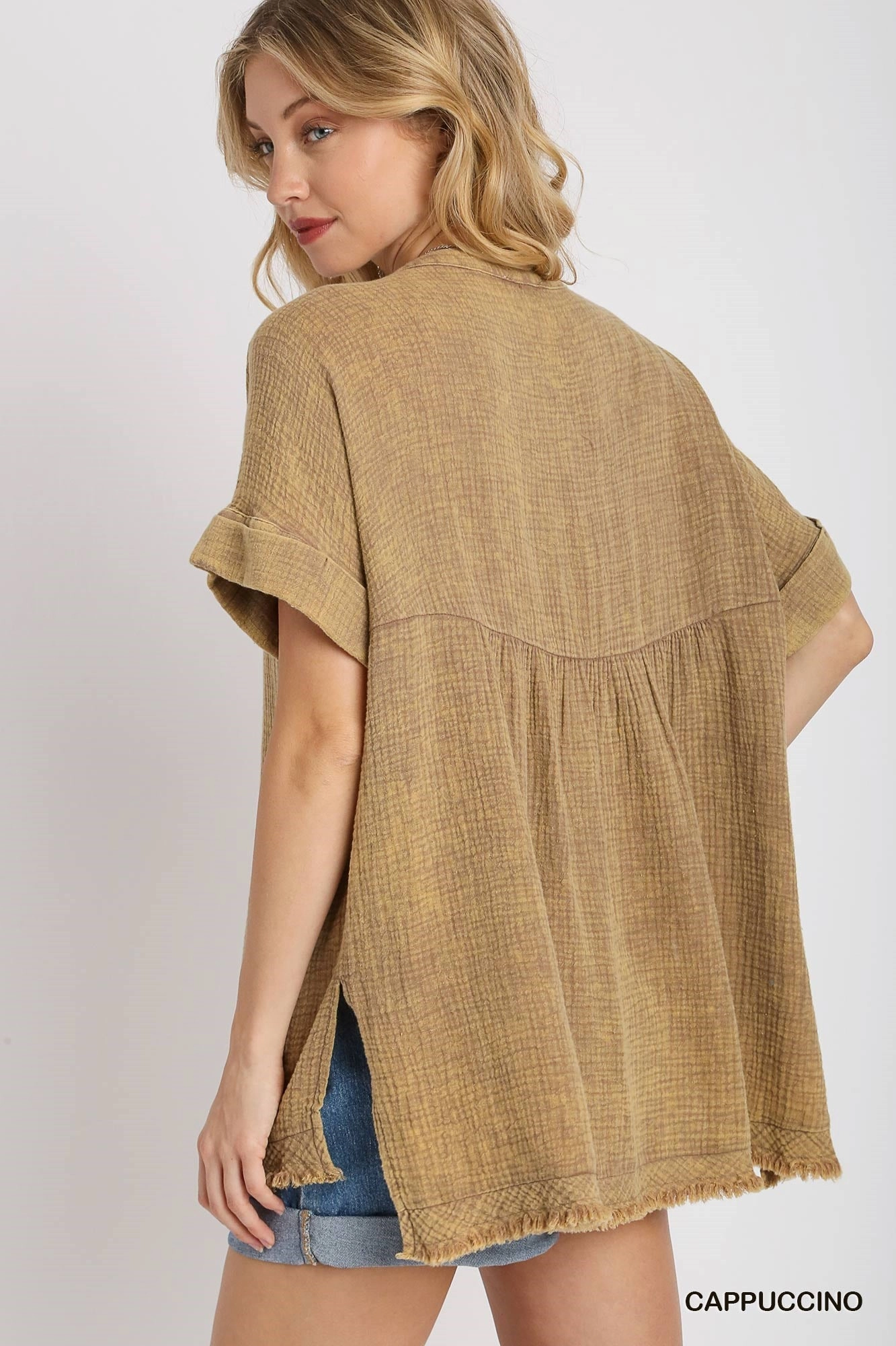 Cappuccino Mineral Wash Gauze Tunic Top Reinforced Seam Technique