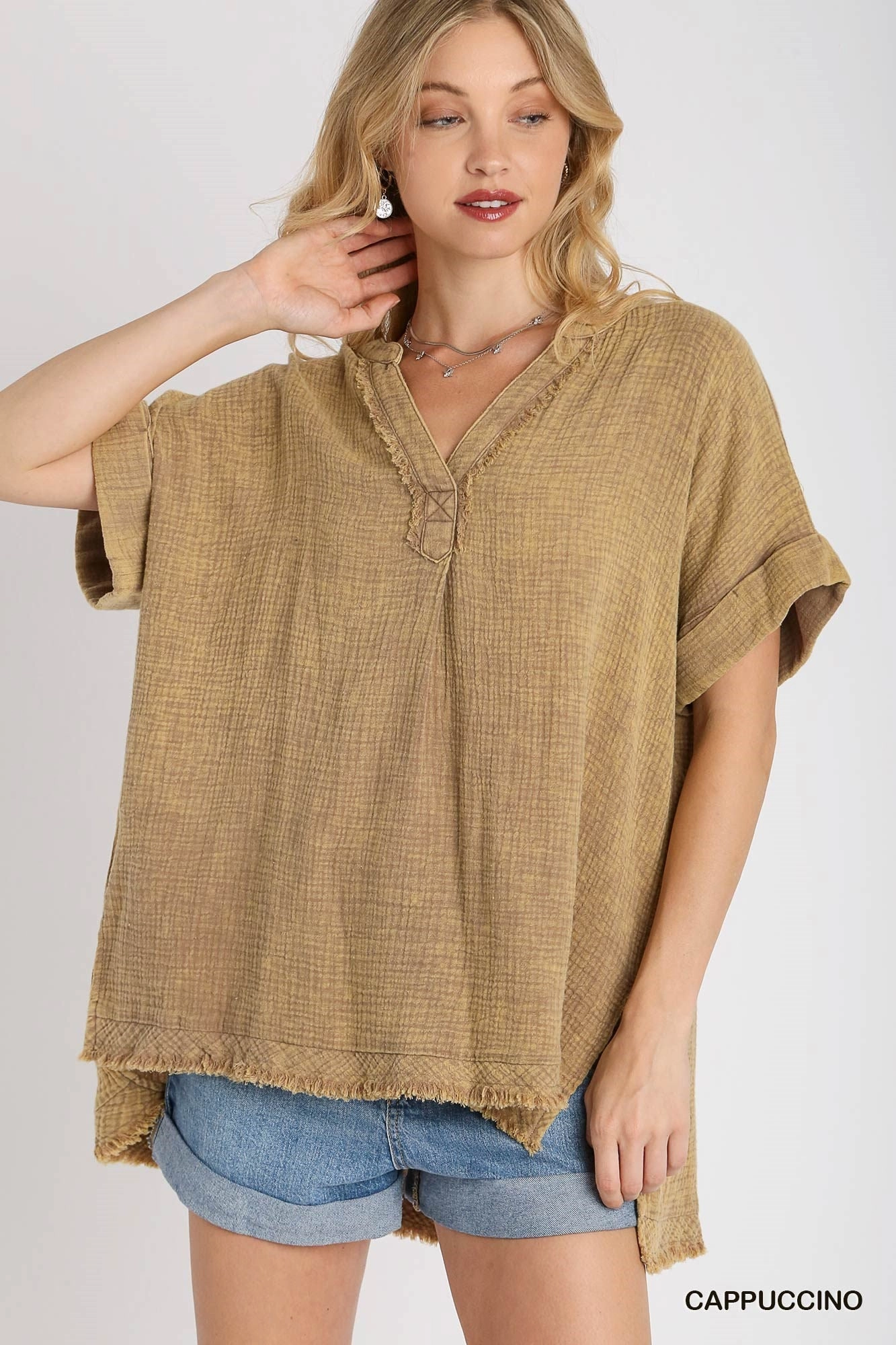 Cappuccino Mineral Wash Gauze Tunic Top Minimalist Cuff Tencel Cotton Hybrid Weave