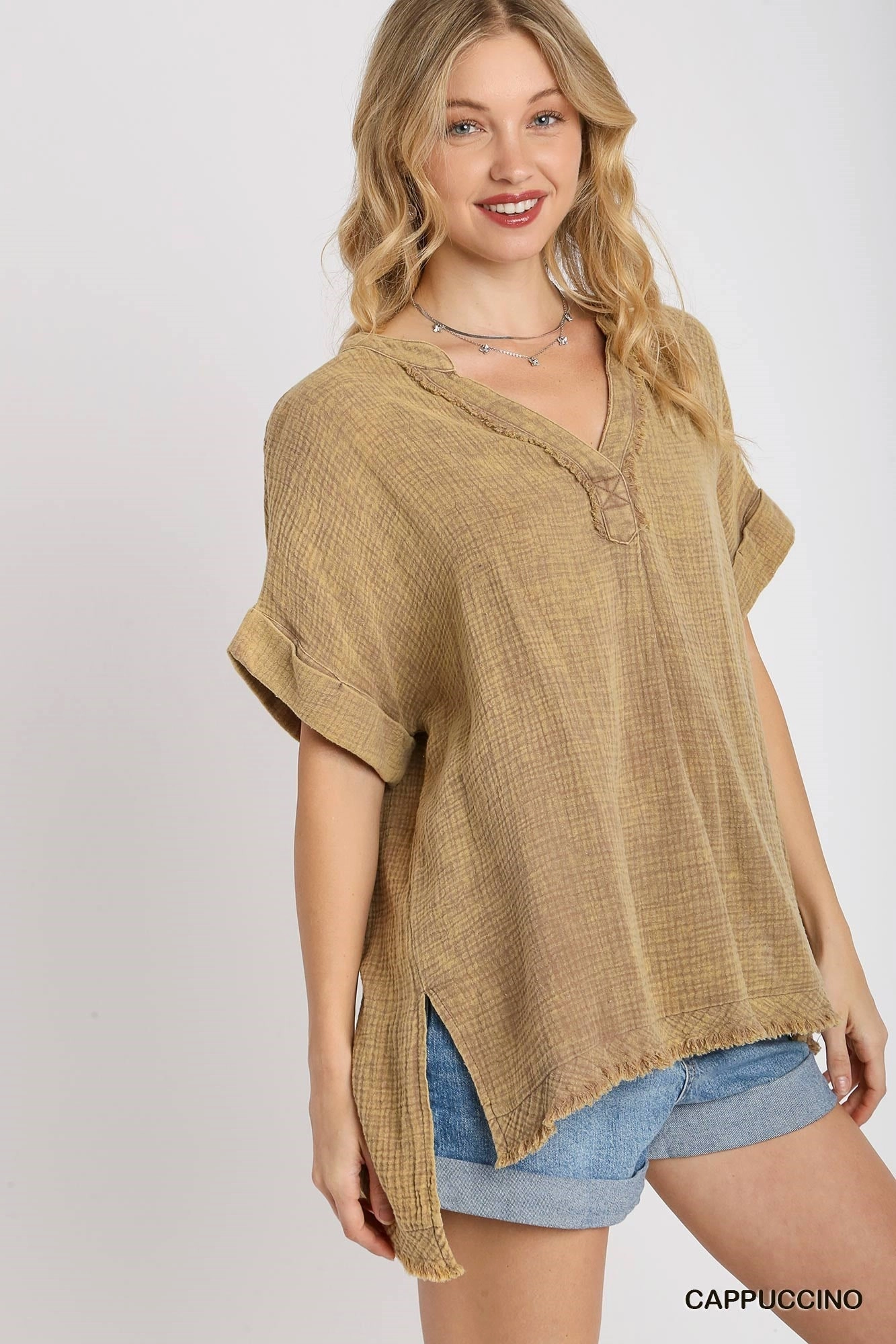Cappuccino Mineral Wash Gauze Tunic Top DoubleLayered Neckline