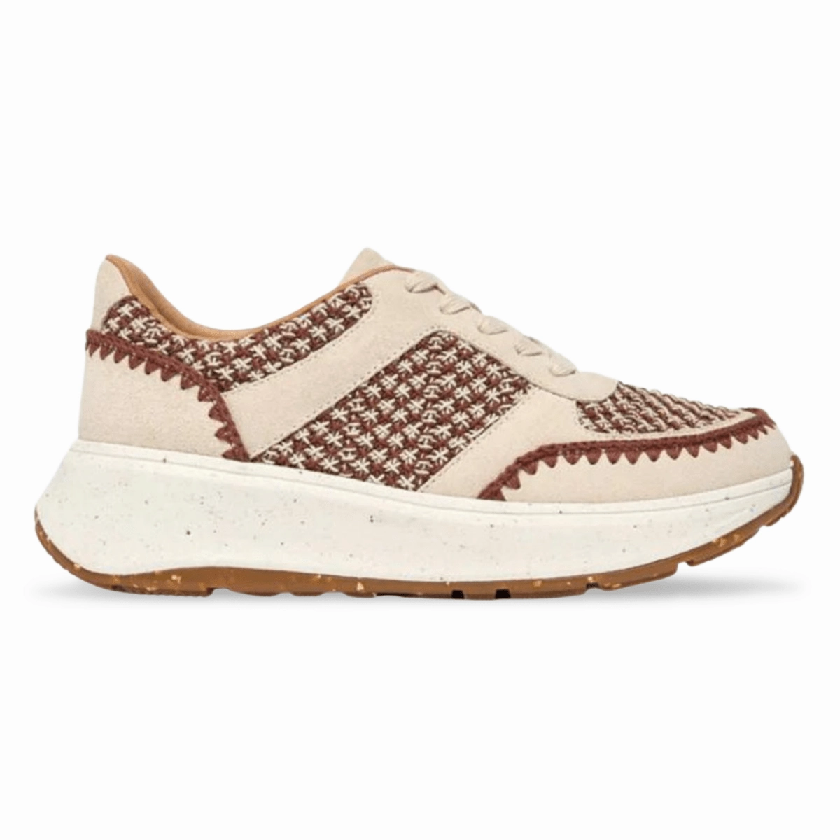 Balanced Arch All Season Traction FitFlop Women's F-Mode e-1 Crochet/Suede Flatform Sneakers Brown