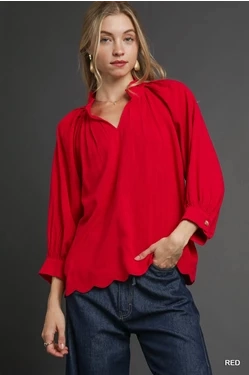 NonRestrictive Armholes Tagless Collar Red Linen  Blend Scallop Hem Blouse
