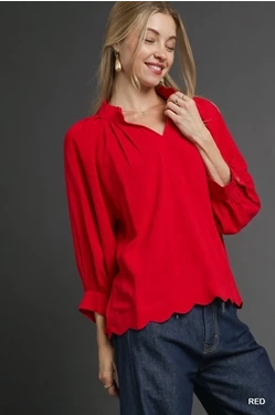 Red Linen  Blend Scallop Hem Blouse HighNeckCut FadeResistant Treatment