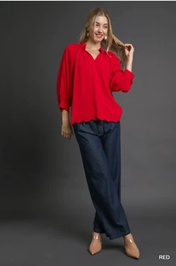 Red Linen  Blend Scallop Hem Blouse Stretch Comfort