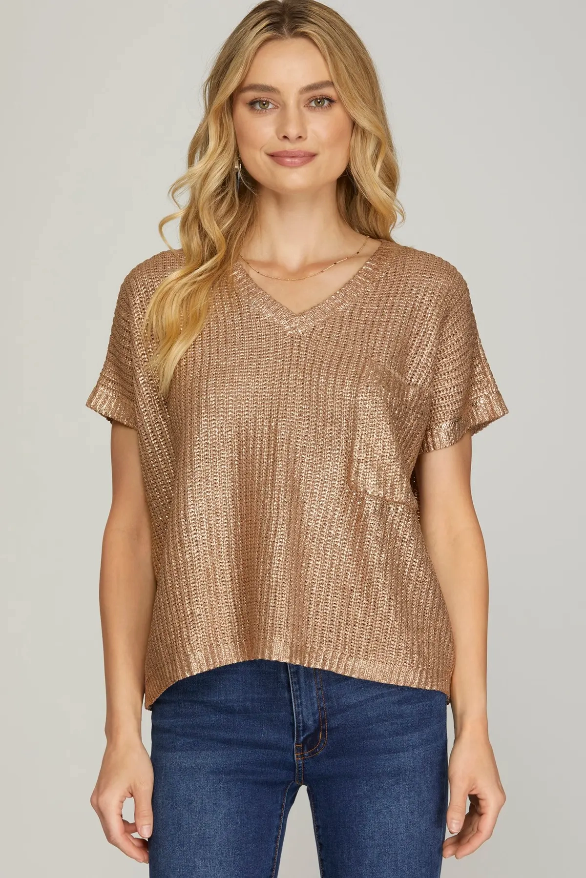 Hidden Zipper Pocket Mocha Gold Short Sleeve Metallic Sweater