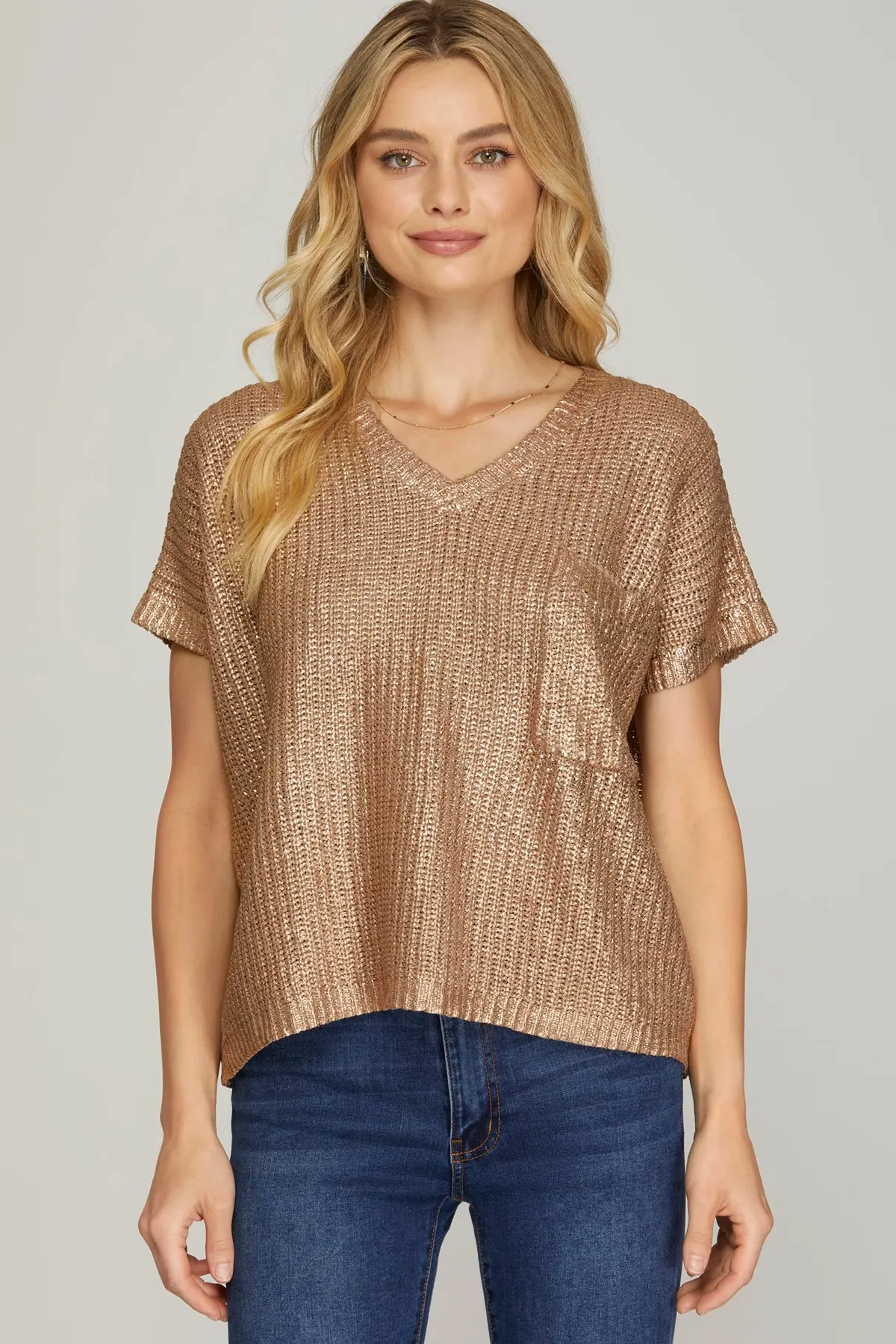 Mocha Gold Short Sleeve Metallic Sweater HighStretchElastic