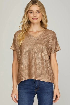 Mocha Gold Short Sleeve Metallic Sweater HighStretchElastic