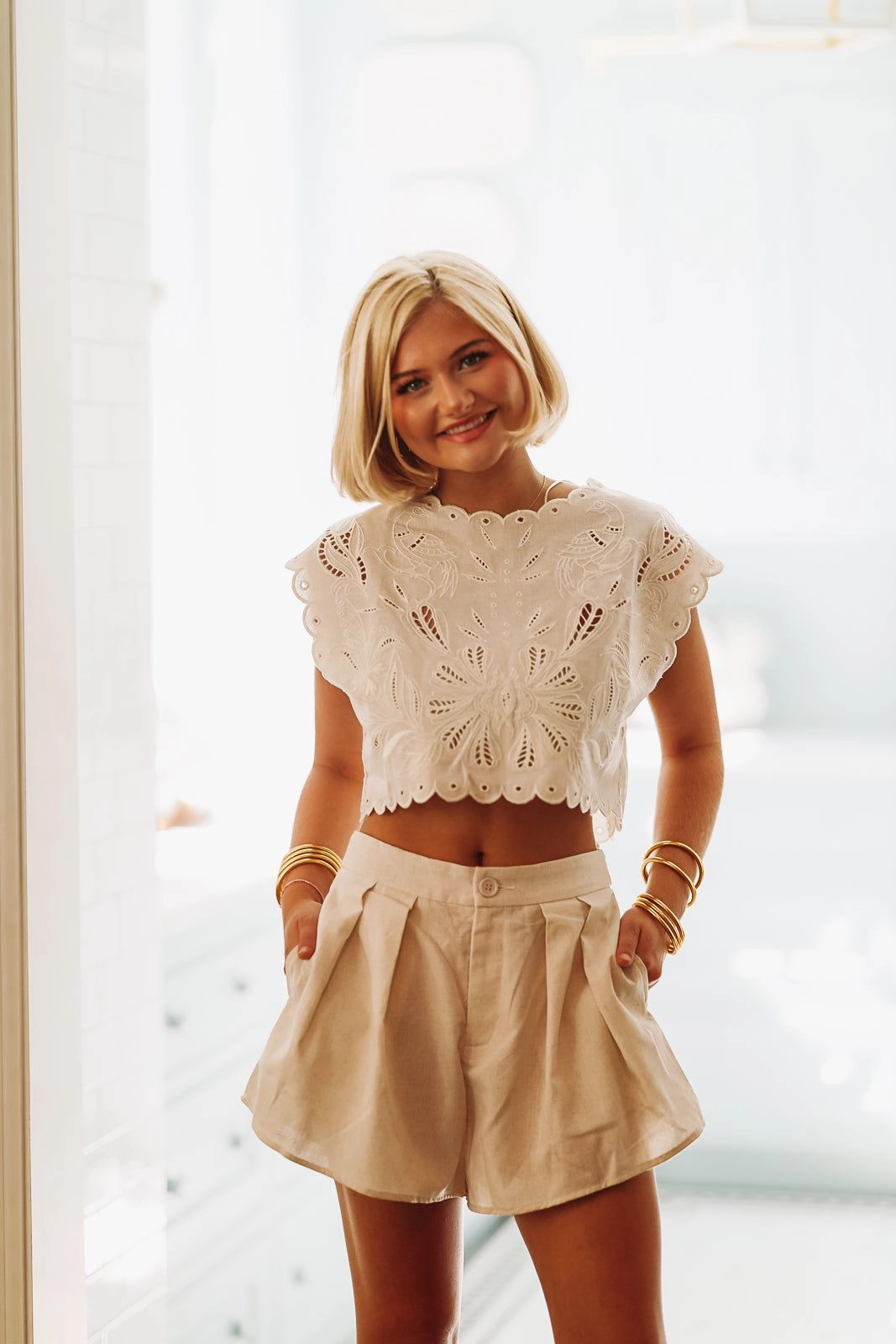 Sandy Beaches Crop Top and Short Set - Oatmeal ContrastTipping Comfort Cushion Neckline