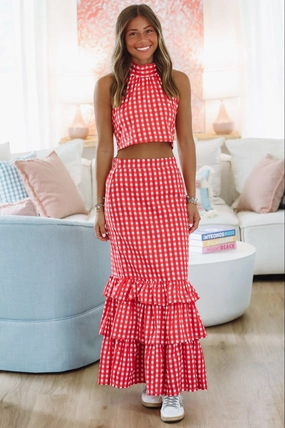 Ethically Sourced Material Breathable Linen Blend Winning Play Top and Maxi Skirt Set - Red and White