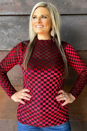 Red & Black Velvet Checkered Mesh Top VentilatedMeshPaneling