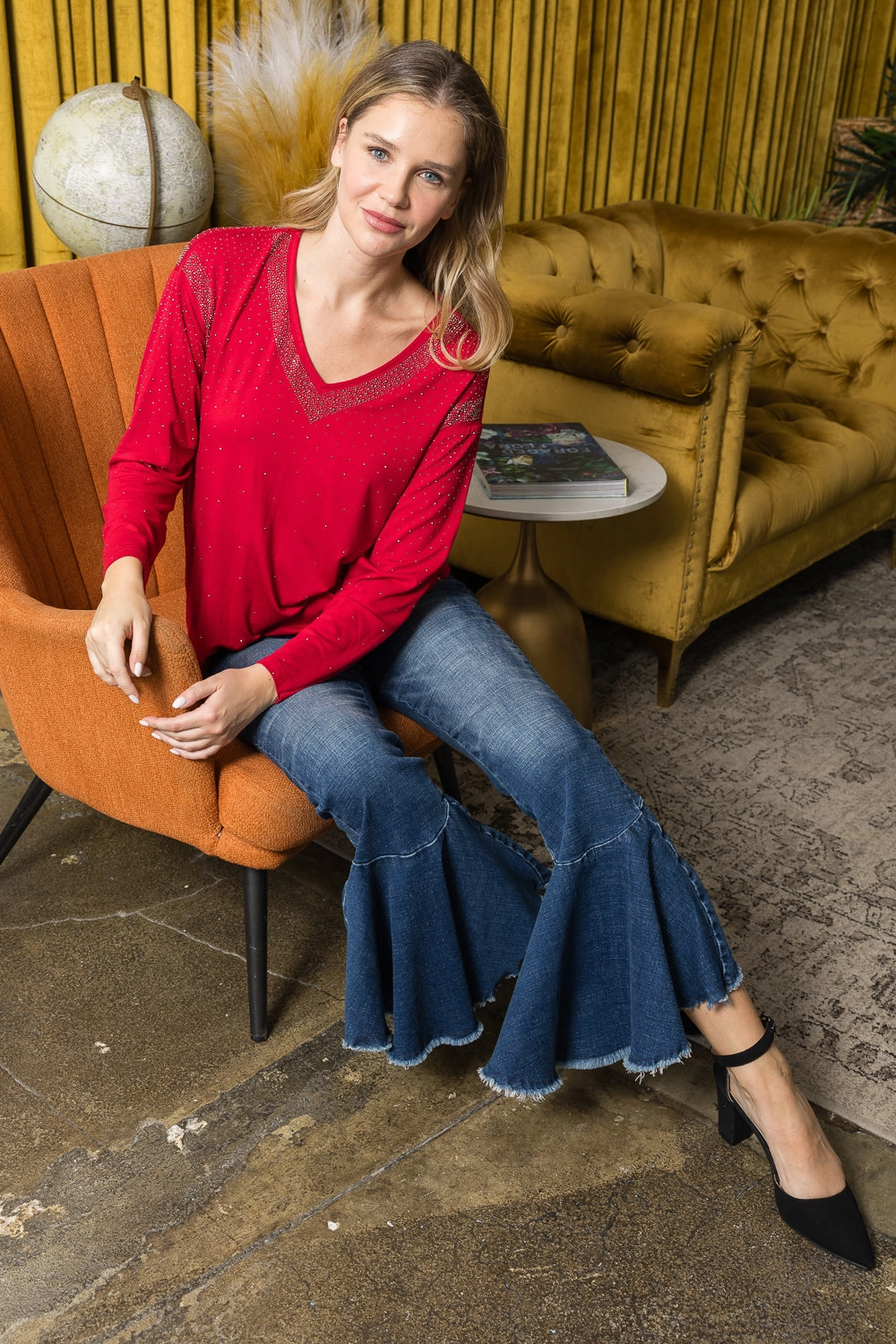 UniversalFit Active Design Red Long Sleeve V-Neck Top w/ Rhinestone Details